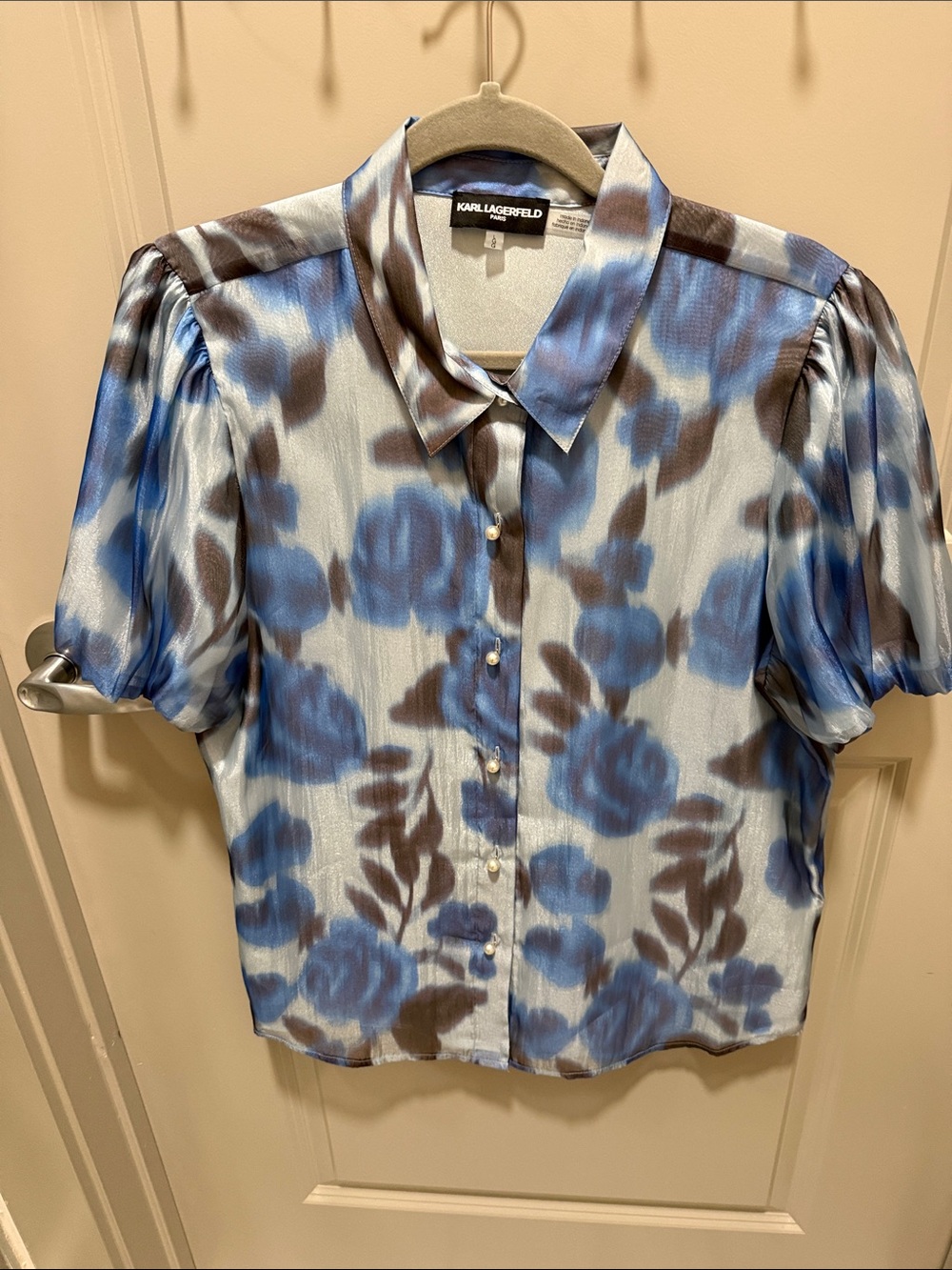 Karl Lagerfeld Blue and Brown Floral Satin Blouse